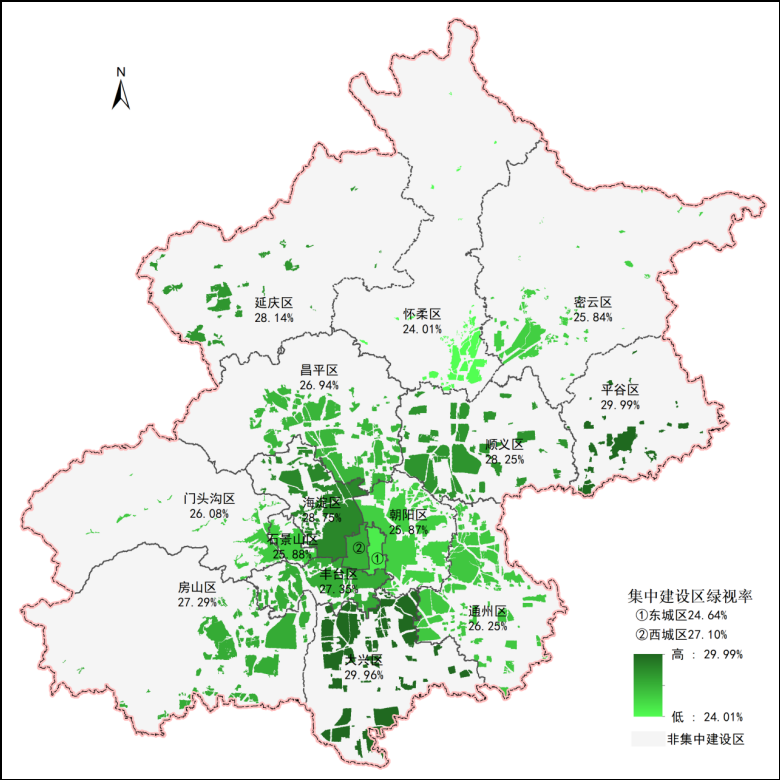 集中建设区绿视率分布图。北京市生态环境局供图