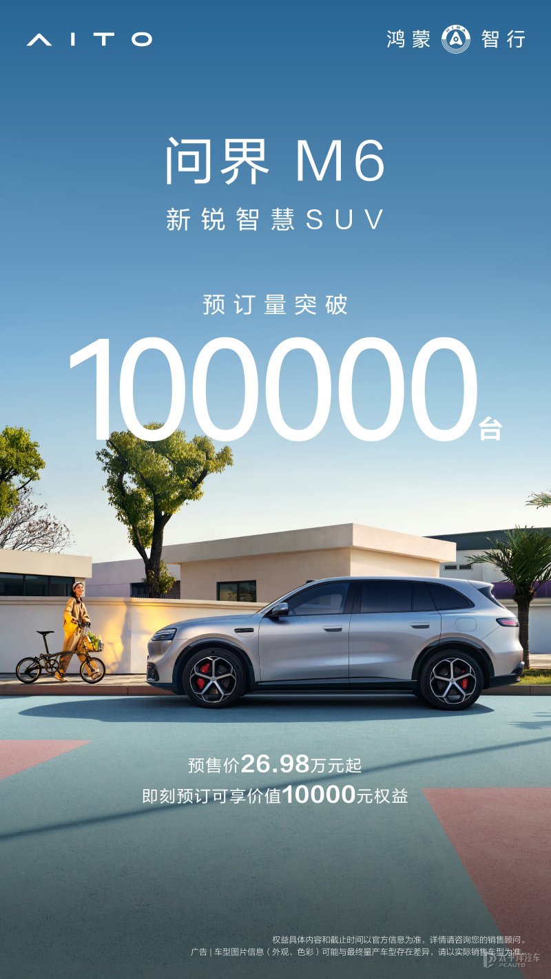 预售26.98万起 问界M6预订量突破100000台 预计4月下旬上市