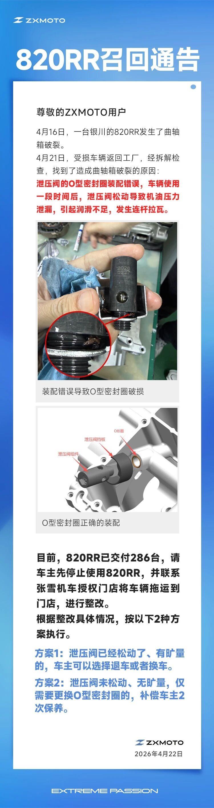 张雪机车发布820RR召回通告，整改执行方案公布