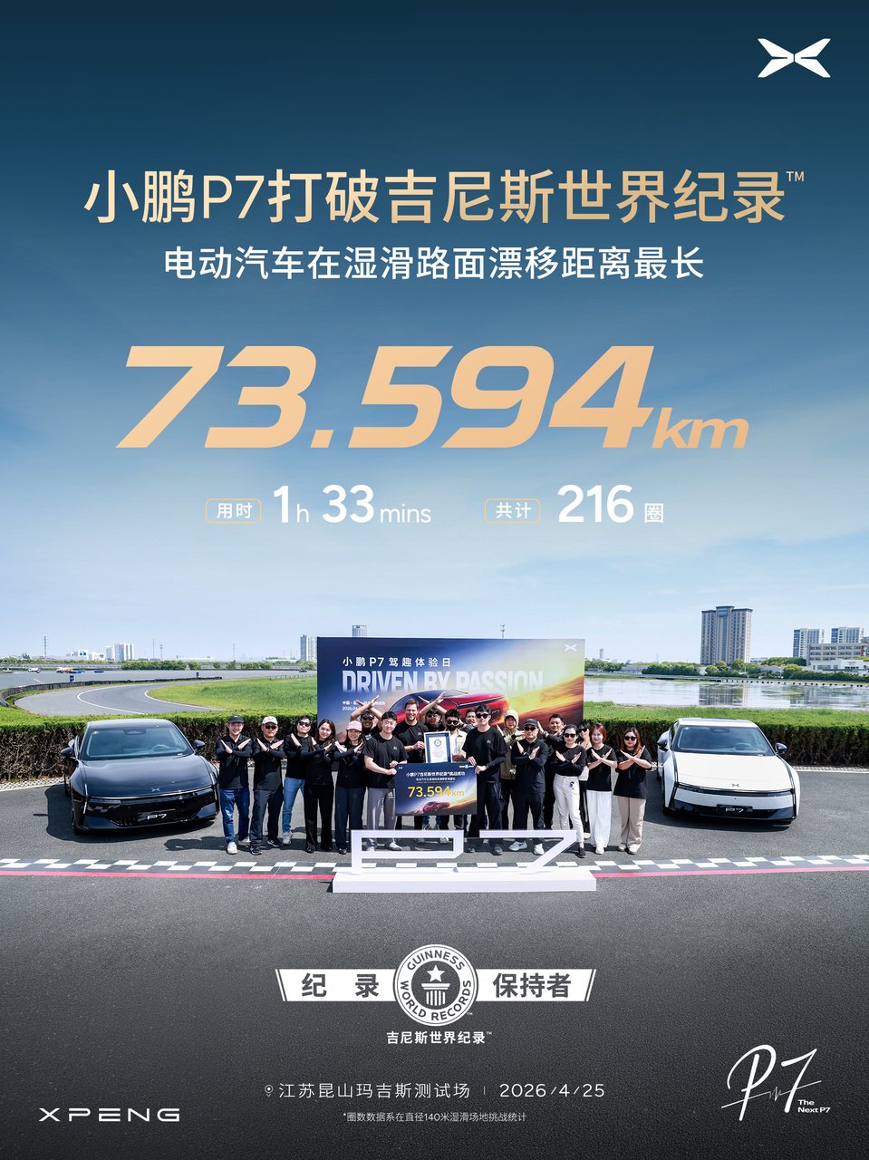 小鹏P7以73.594公里创电动汽车湿滑路面<em>漂移</em>最长纪录
