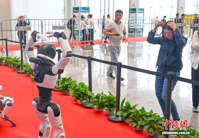 5月14日，参观者模仿人形机器人做出“比心”动作。中新社记者 王刚 摄