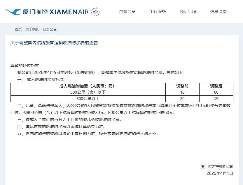 4月5日，国内多家航司发布燃油附加费新标准。图为厦门航空关于调整国内航线旅客运输燃油附加费的通告