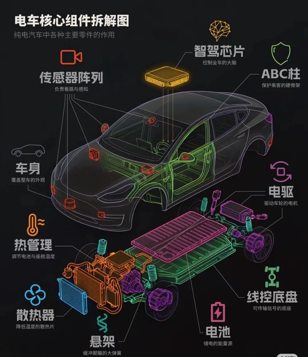 电车核心组件拆解图。（图/小红书@专做图谱的Adam）