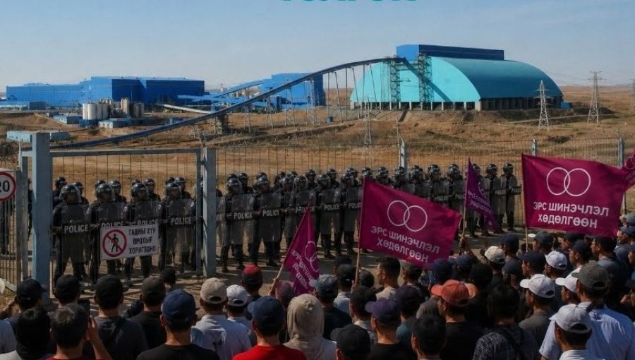 示威活动阻止了原计划运往中国的铜精矿卡车。图片来源 蒙古激进改革运动