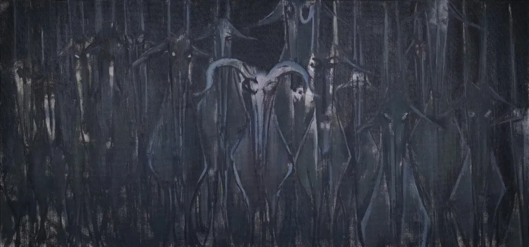 毛旭辉 《黑暗中的羊群》 140cm×300cm 布画油画