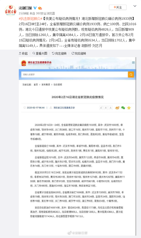 恢复公布疑似病例情况 湖北新增确诊病例1933例