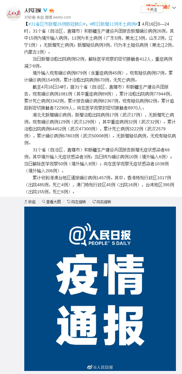 31省区市16日新增26例确诊病例 其中11例为本土病
