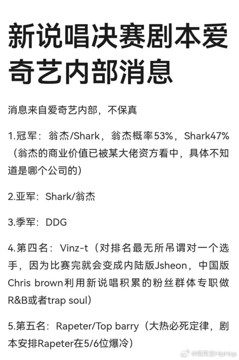 新说唱2025总决赛排名曝光，翁杰Shark争冠