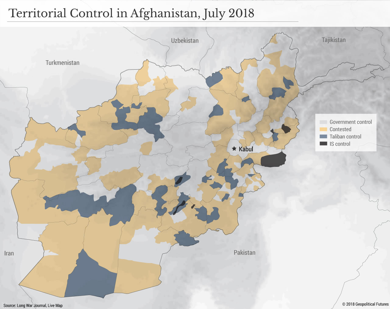2018年7月的势力范围图，其中仅白色为政府军控制区，黄色为争夺区，灰、黑分别为塔利班与“伊斯兰国” 图源：Geopolitical Futures