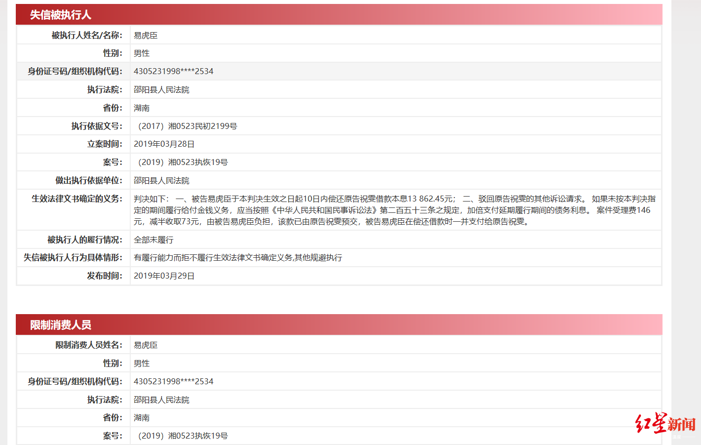 变形计易虎臣1 易虎臣被法院列入失信被执行人名单