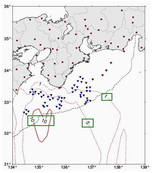 海底地震仪（蓝色倒三角）观测网示意图。图中绿框标出的数字表示一旦发生地震，最快可提早多少秒预报。（日本气象厅）