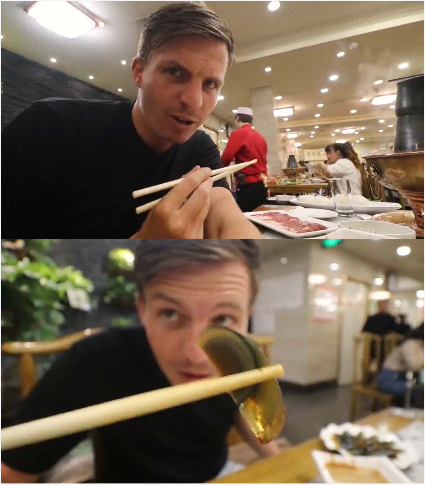 （Jordan与朋友一起享受中国美食，视频截图。）