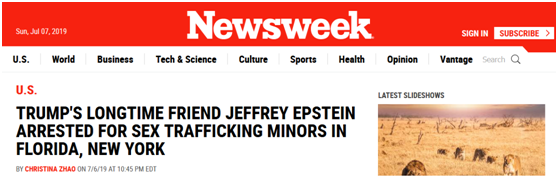 《新闻周刊》：特朗普的老友杰弗里·爱泼斯坦因进行未成年人性交易在在纽约佛罗里达被捕