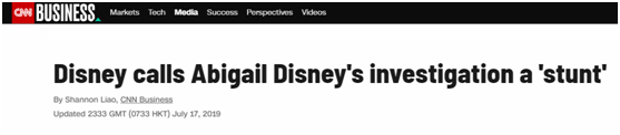 　　（CNN 17日题为“迪士尼称阿比盖尔•迪士尼的调查是‘噱头’”的报道）

　　