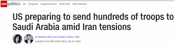 CNN报道截图 标题：在伊朗局势紧张之际，美国准备向沙特阿拉伯派遣数百名士兵