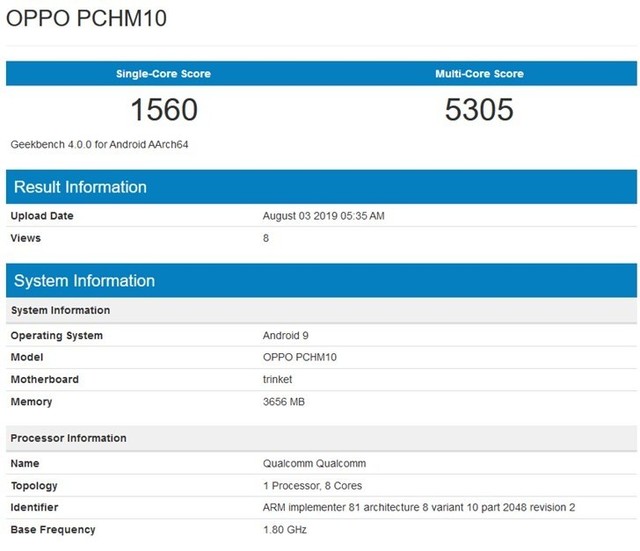 OPPO A9s疑似现身Geekbench 配备最高4GB+128GB
