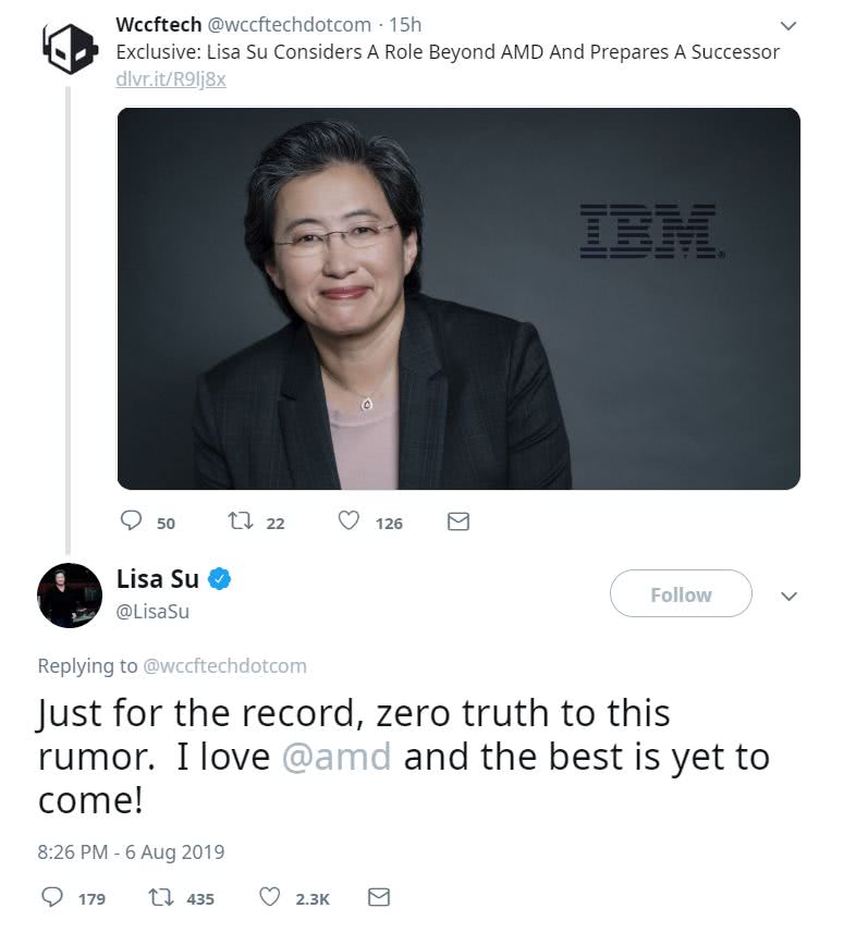 amd总裁兼ceolisasu被传将去ibm本人推特直接否认