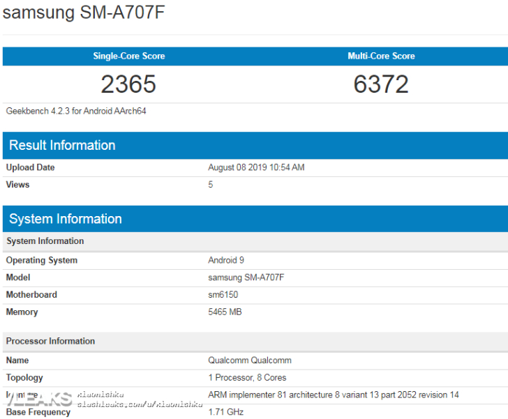 三星Galaxy A70s现身Geekbench 64Mp图像传感器+480帧/秒录制