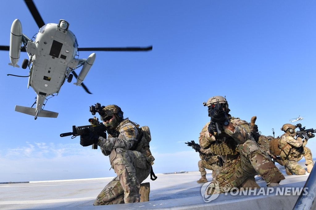 25日，韩国海军特种部队乘坐黑鹰直升机降落独岛（韩联社）