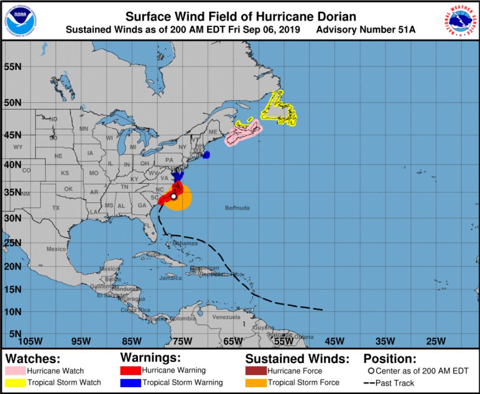 图：2018年飓风多里安路径     图片来源：NOAA