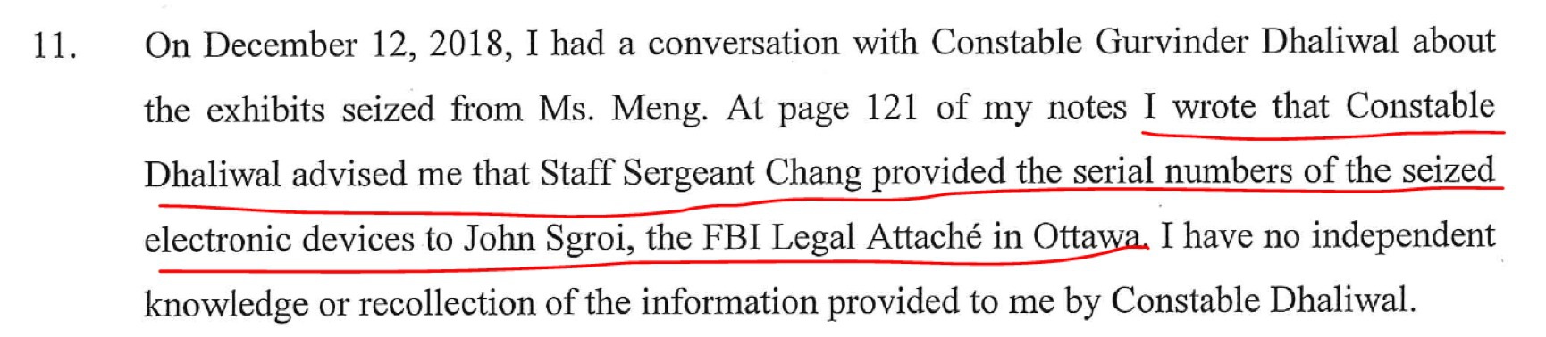  格拉夫证实向FBI递交孟晚舟电子设备信息 加拿大不列颠哥伦比亚省法院文件截图