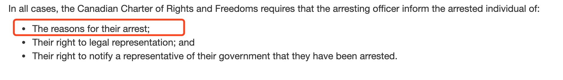  加拿大边境服务局网站明确规定，要求行使拘留权时，需要出示理由，以及示意对方有请求律师在场的权利