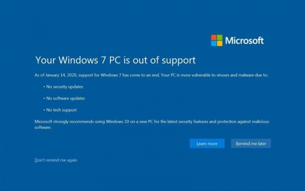 微软已停止支持Windows 7 PC容易受到病毒和恶意软件的攻击