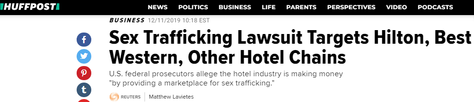  美国《赫芬顿邮报》称，性贩运诉讼指向希尔顿、贝斯特韦斯特和其他酒店连锁