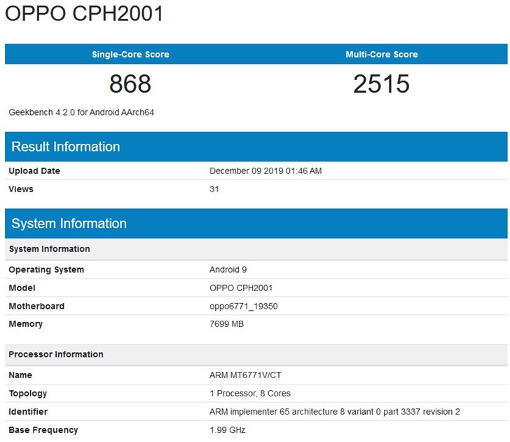 OPPO两款新机现身Geekbench 采用8G内存+安卓9 Pie