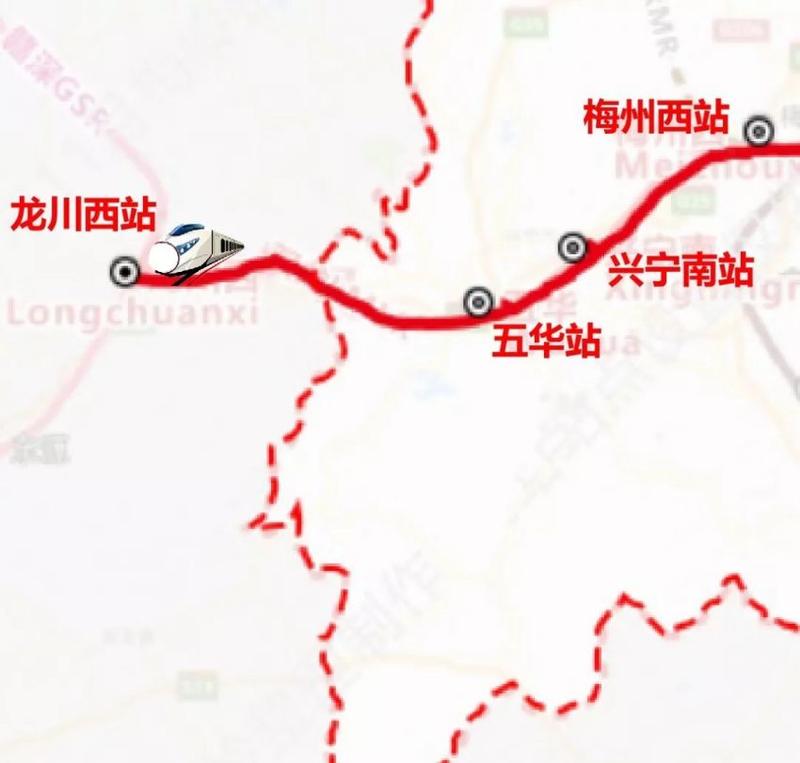 高铁龙川西站和河源市龙川县沿途经过梅州市梅县区,兴宁市,五华县线路