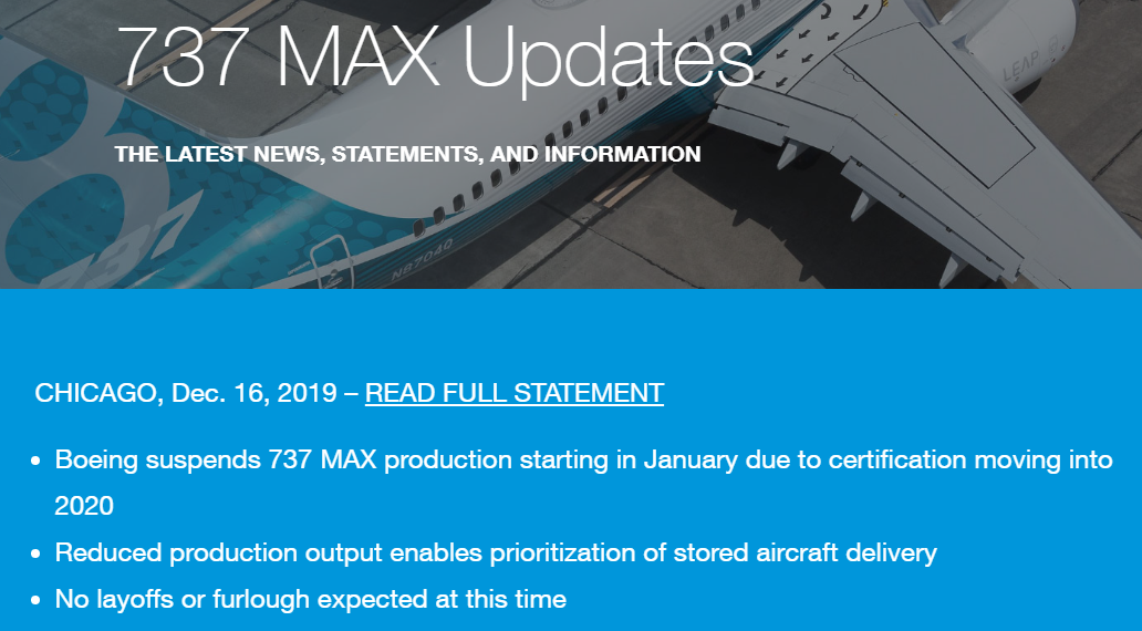 波音明年1月起暂停生产737MAX 尚有库存约400架