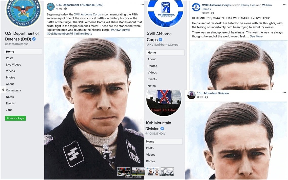 3个美国军方脸书账号发布党卫军战犯派佩尔照片 社交媒体截图