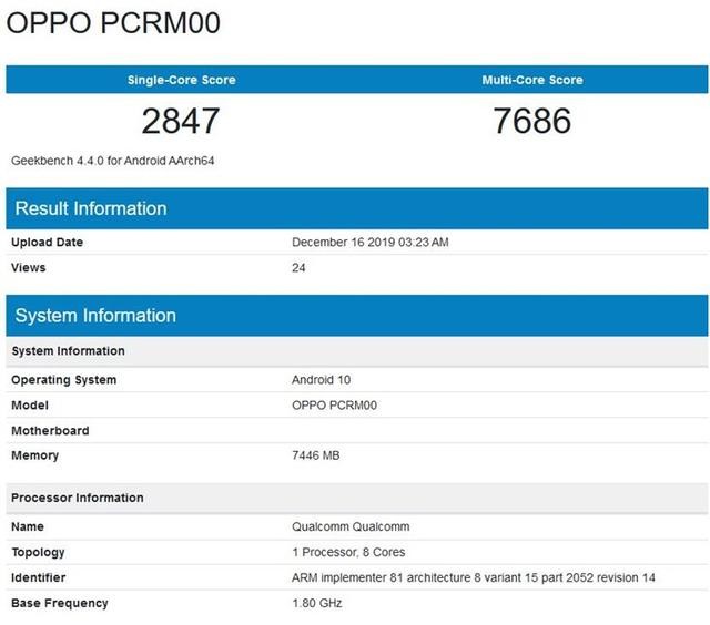 OPPO Reno3 Pro 5G的Geekbench 4.4.0版本跑分曝光 搭载骁龙765G+后置四摄