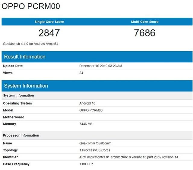 OPPO Reno3 Pro 5G的Geekbench 4.4.0版本跑分曝光 搭载6.5英寸打孔屏+骁龙765G 