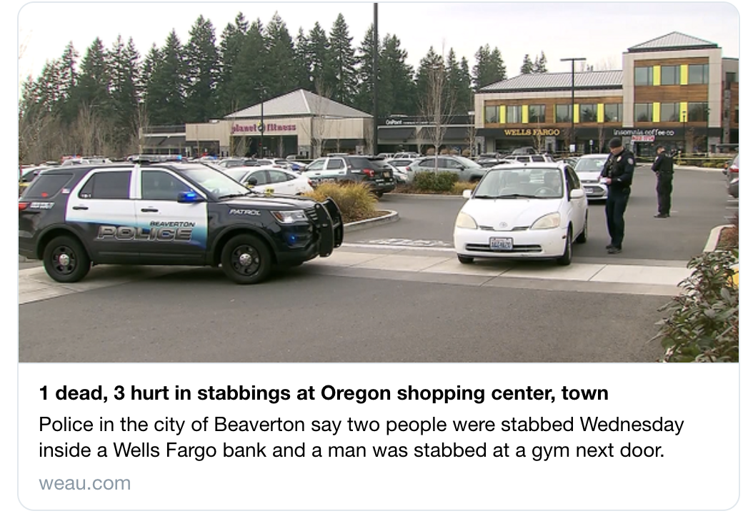 美国俄勒冈州购物中心发生持刀伤人事件，已致1死3伤