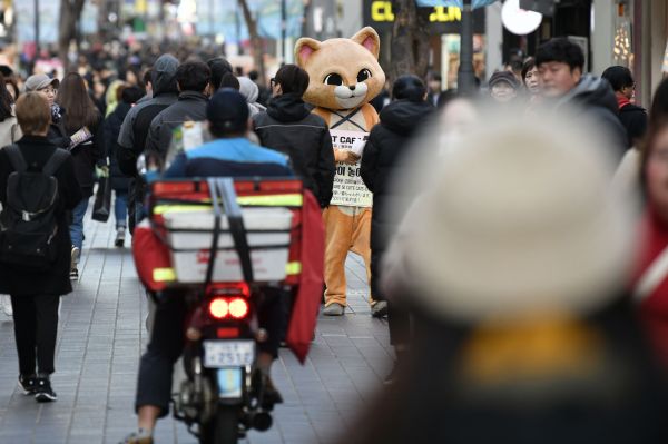 11月29日，在韩国首尔，一名打扮成卡通形象的宣传人员为一间咖啡馆散发招揽客人的传单。 （新华社）