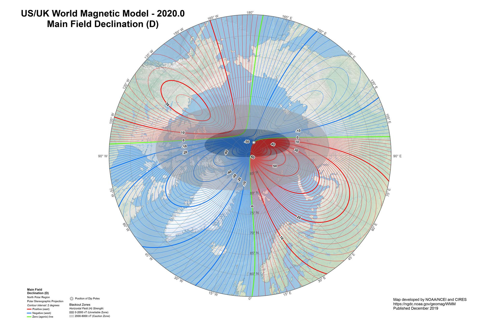 2020年版世界地磁场模型显示了地磁北极周围的“黑障区”。图/美国国家海洋和大气管理局