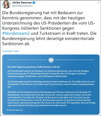 德国政府对美国制裁法案表示拒绝，推特截图