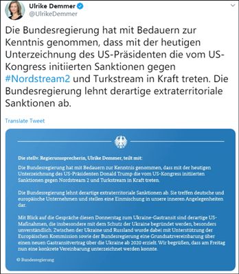 德国政府对美国制裁法案表示拒绝,推特截图
