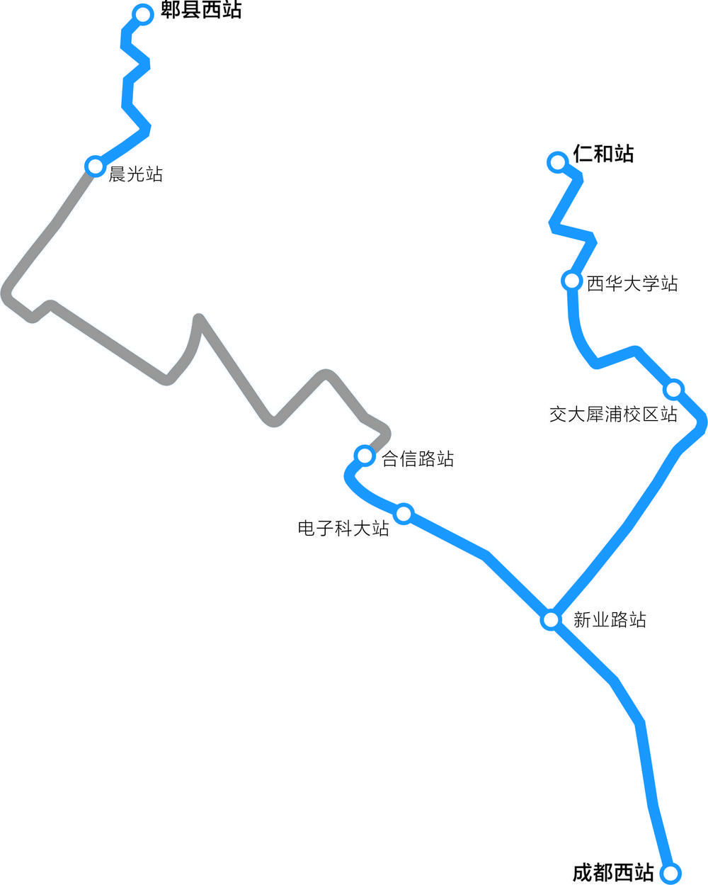 蓝色部分为蓉2号线有轨电车非首开段(注:示意图中所标注的相关线路