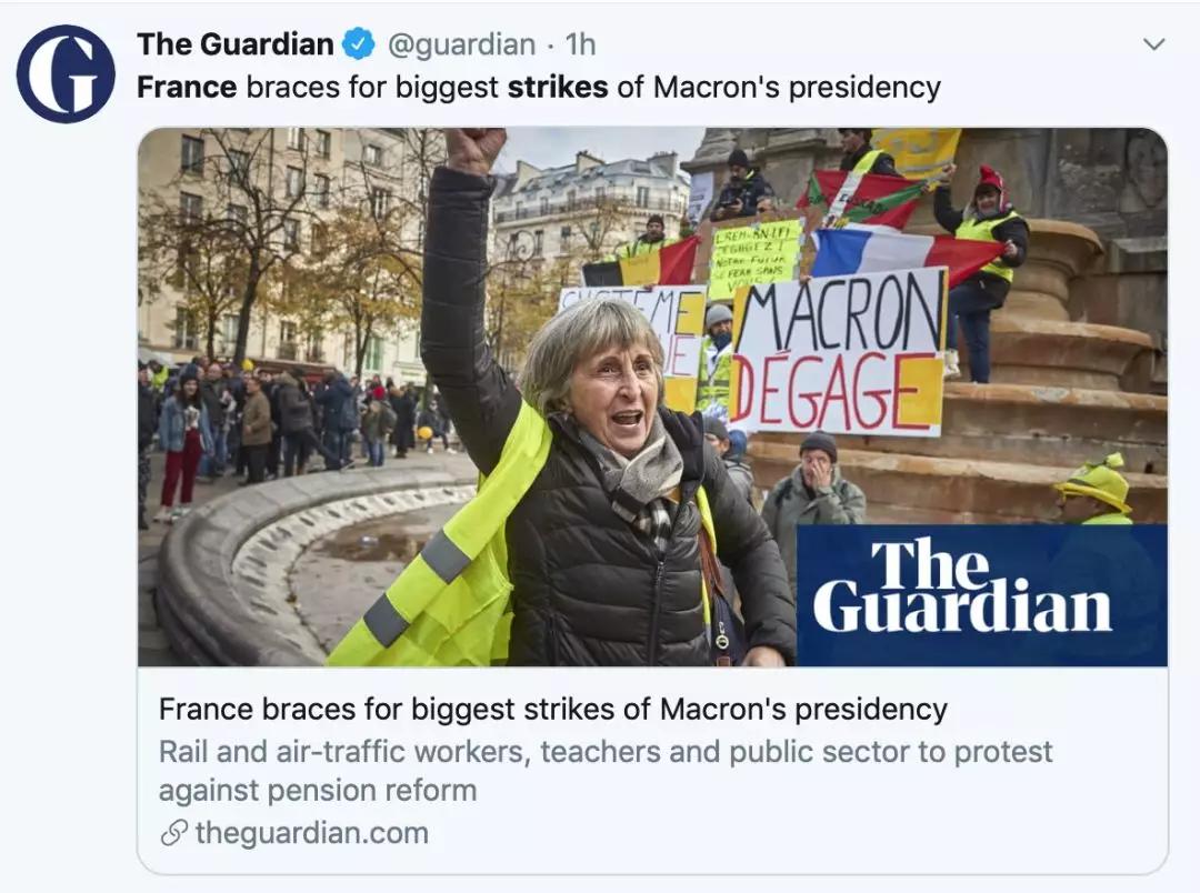 法国准备迎接马克龙总统任期内的最大罢工。《卫报》推特截图