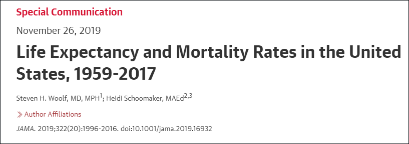 《美國醫學會雜誌》報告：1959-2017美國預期壽命和死亡率