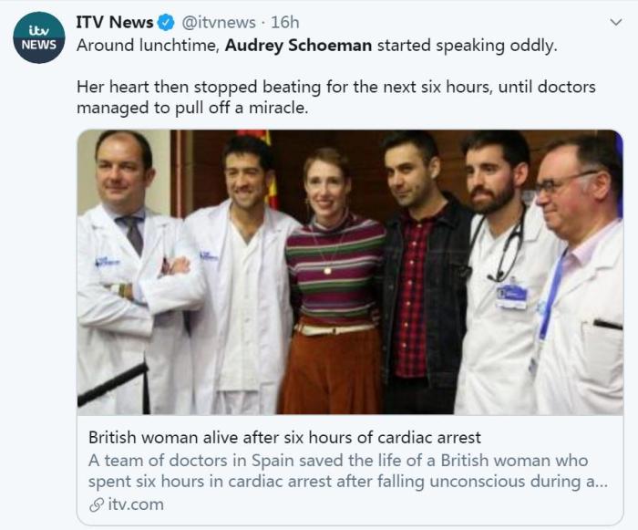 英国女子心脏停跳六小时后，医生创造了“奇迹”。（图片来源：社交网站截图）