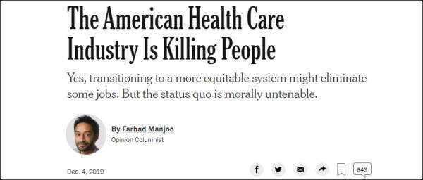  《美国医疗体系正在杀人》，纽约时报截图