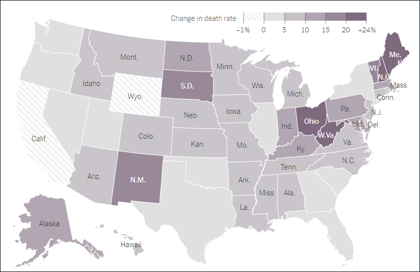 2010-2017，美国各州“中年人”死亡率变化（颜色越深增长幅度越大），图自纽约时报