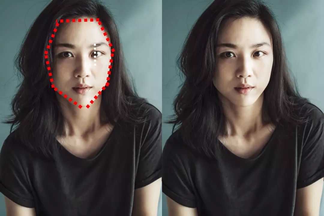 虽然是不规则的六角形脸,但是五官排布舒展不局促;眼睛虽然重心靠前