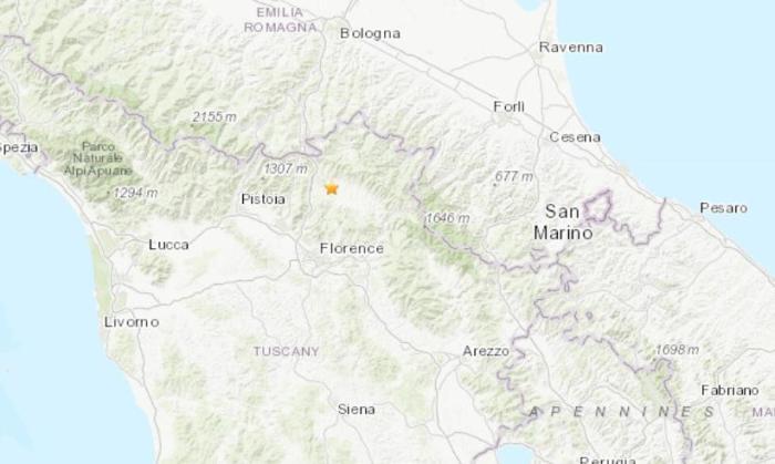 意大利佛罗伦萨北部发生4.8级地震。（ 图片来源：美国地质勘探局网站截图）