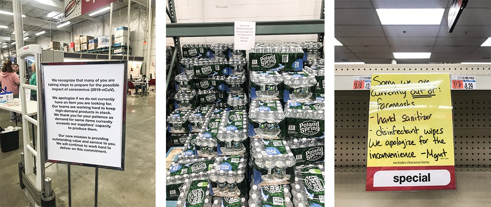 左：3月13日，美国新罕布什尔州纳舒厄的BJ超市（BJ‘s Wholesale Club），说明商品短缺的告示牌。上面写着：“我们意识到你们很多人正在准备着迎接新型冠状病毒所带来的可能影响。如果您无法在这里找到需要的物品，我们向您道歉。我们的团队正努力保证那些高需求的产品的存货”。 中：3月13日，美国新罕布什尔州纳舒厄BJ超市，由于需求量大，超市限制每位会员只能购买两个单位的水。 右：3月13日，美国马萨诸塞州洛厄尔CVS超市，告示显示口罩、洗手液、消毒湿巾暂时缺货。（摄影：门爽）