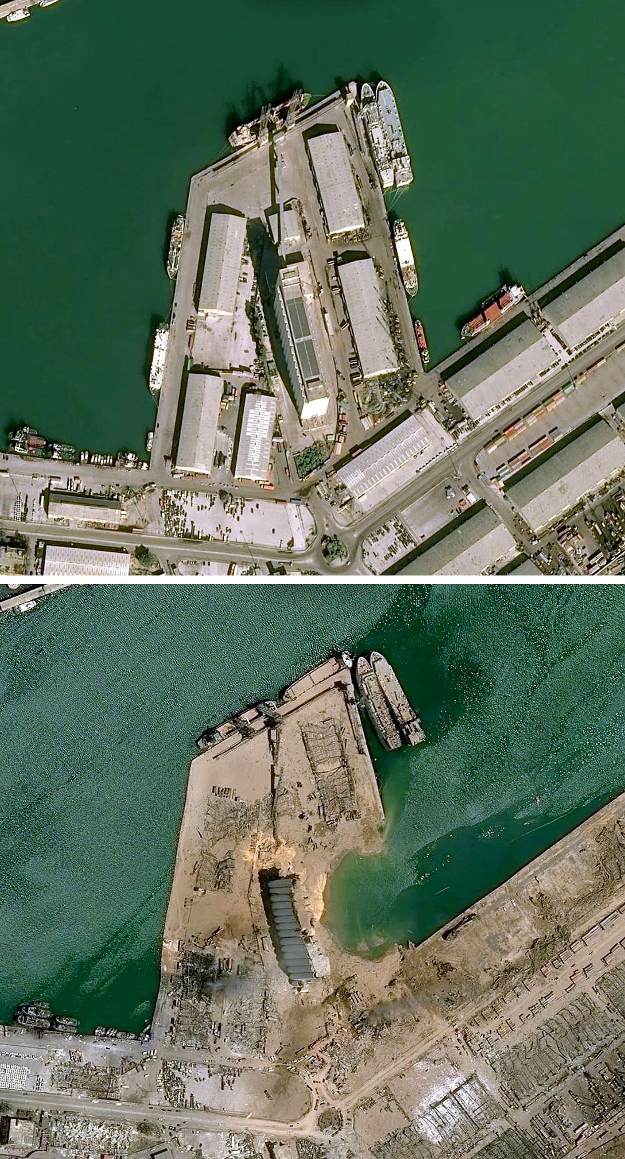 上图：爆炸前的贝鲁特港口（爆炸中心）。 下图：爆炸后的贝鲁特港口。图中的大窟窿就是此次爆炸的中心，仓库已经彻底消失，此前该仓库内存放着约2750吨硝酸铵，就是此次大爆炸的“元凶”。