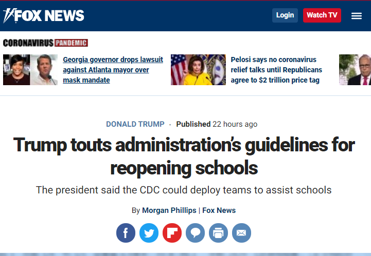 △福克斯新闻称，特朗普公布学校复课的新指导方针